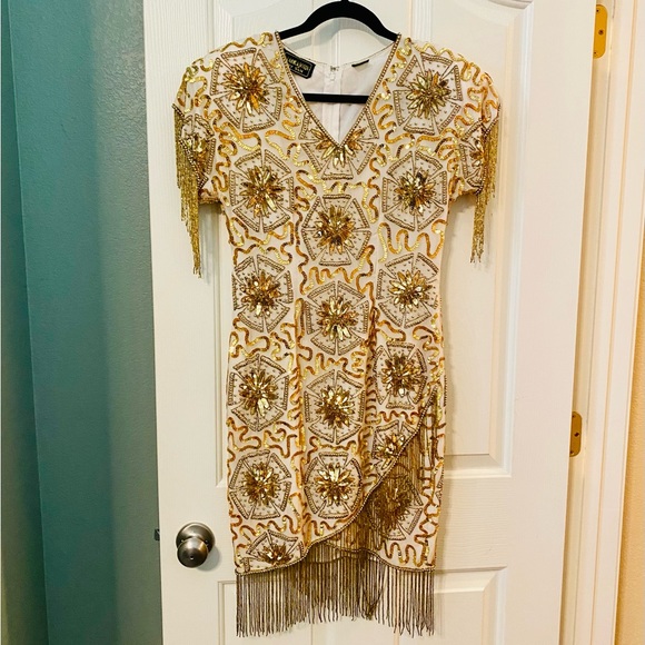 EUC Vintage Mark & John by Sam Pure Silk Cocktail Dress w/ Beaded Fringe - Picture 3 of 14